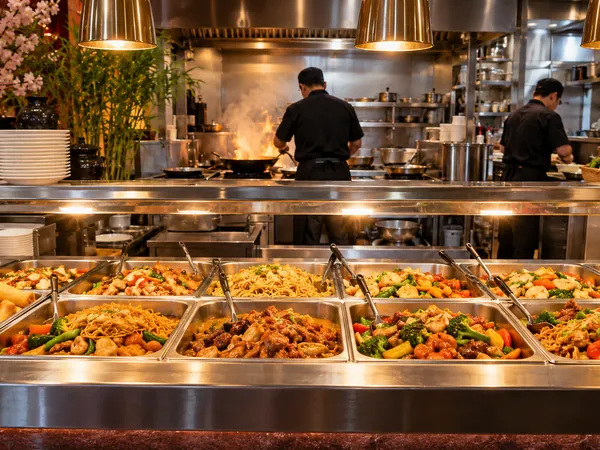 Heiße Theke eines Asia-Imbisses mit Nudeln, Gemüse und Fleisch, dahinter Köche am Wok