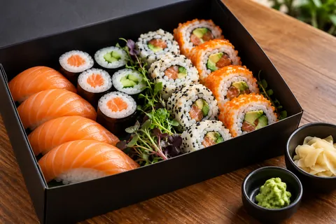Sushi-Box mit Lachs-Nigiri, Maki und Inside-out-Rollen, dazu Ingwer und Wasabi