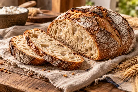 Angeschnittenes Sauerteigbrot auf Leinentuch