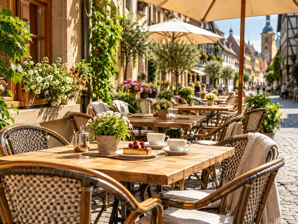 Kaffee und Kuchen auf einem Tisch im Straßencafé