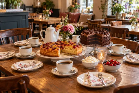Gedeckte Kaffeetafel mit Obstkuchen, Schokoladentorte, Kaffeekanne, Sahne und Beeren