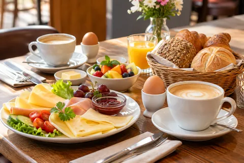 Frühstück im Café: Cappuccino, Brötchenkorb, Eier, Käse- und Schinkenteller, Obst, Saft