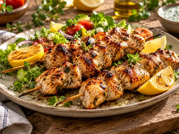 Gegrillte Hähnchenspieße mit Zitrone, Salat und Joghurt-Kräuter-Dip
