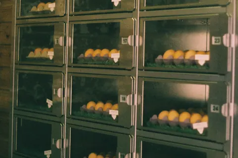 Eierautomat mit Fächern voller frischer Eier