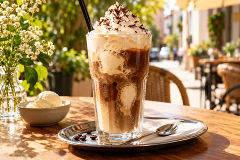 Eiskaffee mit Sahne und Vanilleeis auf dem Terrassentisch