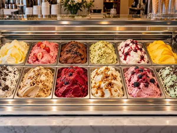Eistheke von vorn mit zwölf Sorten in Edelstahlwannen