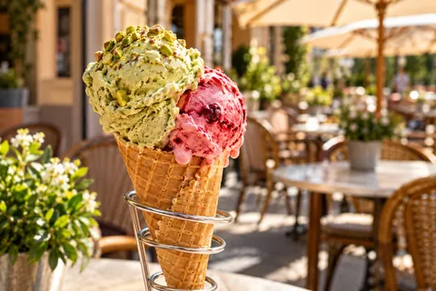 Eisterrasse mit Tischen und Sonnenschirmen, vorn eine Waffel mit zwei Kugeln