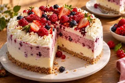 Beeren-Vanille-Eistorte, angeschnitten, mit Erdbeeren, Himbeeren und Heidelbeeren
