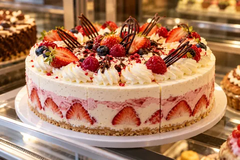 Erdbeer-Vanille-Eistorte mit Beeren, Sahne und Schokolade in der Vitrine