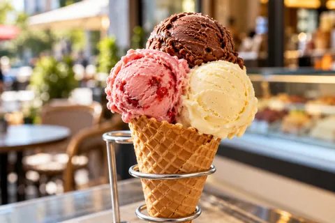 Drei Kugeln Eis in der Waffel: Schokolade, Erdbeere und Vanille