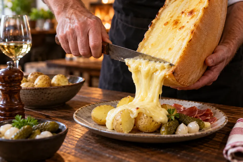 Raclette mit Kartoffeln und Cornichons