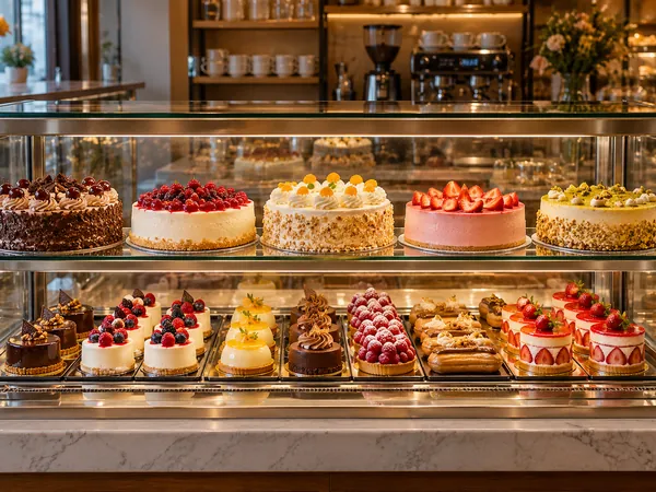 Konditorei-Theke mit Torten, Törtchen, Tartes und Eclairs