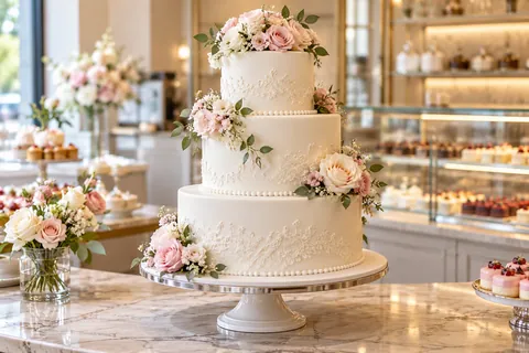 Dreistöckige Hochzeitstorte mit Rosen und Spitzenmuster