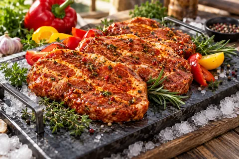 Marinierte Steaks auf Eis