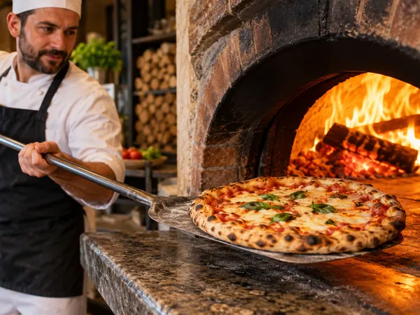 Pizzabäcker holt eine Pizza Margherita mit dem Schieber aus dem Holzofen