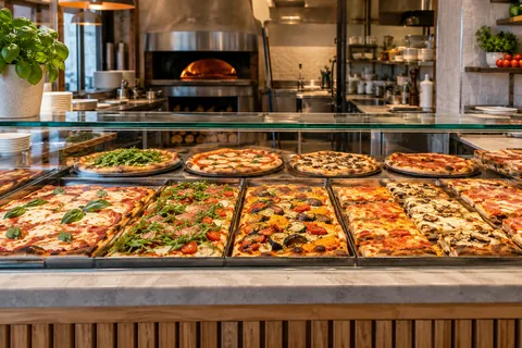 Pizzatheke mit ganzen Pizzen und Pizzastücken unter Glas