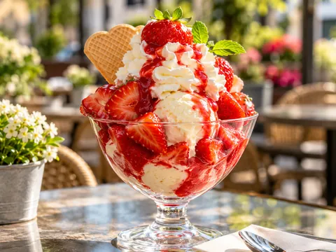 Erdbeerbecher auf einem Tisch auf der Terrasse