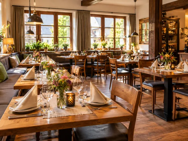 Heller Gasthaus-Gastraum mit Sprossenfenstern, Eckbank und gedeckten Tischen mit Blumen