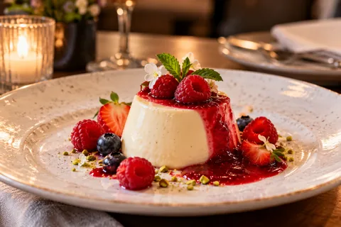 Panna cotta mit Beerensoße, Himbeeren, Erdbeeren und Pistazien