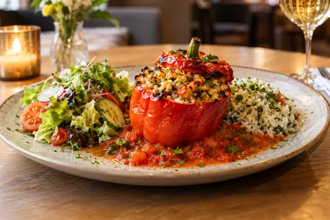 Gefüllte Paprika mit Tomatensoße, Kräuterreis und Salat