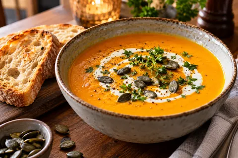 Kürbissuppe mit Sahne, Kürbiskernen und geröstetem Brot