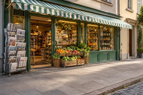 Obst und Gemüse in Kisten vor dem Laden