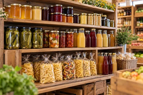 Holzregal mit Honig, Marmelade, Gewürzgurken, eingelegtem Gemüse und Säften