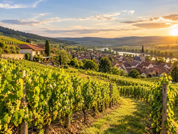 Weinberg am Hang mit Hof und Dorf im Abendlicht